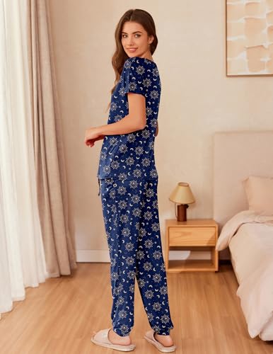 Image of Ekouaer Womens Pajama Sets Short Sleeve Lounge Sets for Women Printed Jogger Pajama Set 2 Piece Pj Sets With Pockets S-XXL