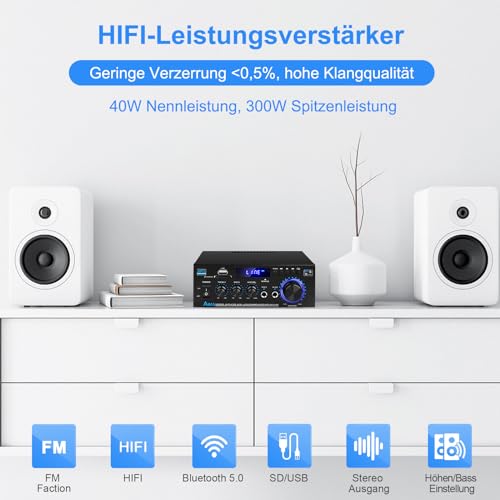 Romicta HiFi Amplifier AK45 Pro – Mini Bluetooth Stereo Audio Amplifier, 12V /220V 600W, 2-Channel Power Amplifier with FM Radio & SD/USB Card Reader, for Home & Car