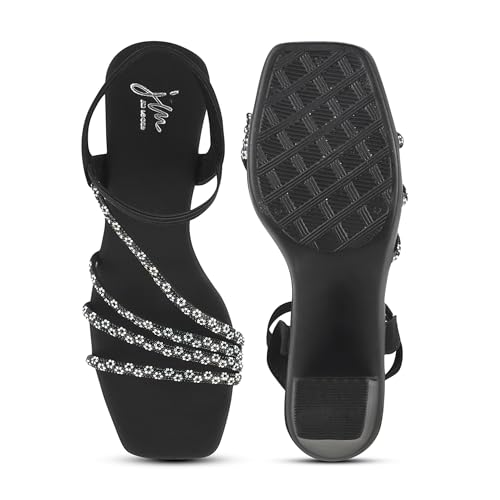 Image of JM LOOKS Women's Sandal Strappy Embellished Heels Ankel Strap Square Toe Lightweight Comfortable Stylish for Wedding Party Festivel Occasion.