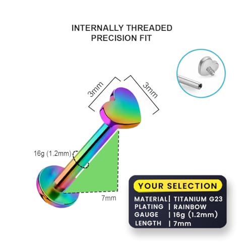 Image of AZTAZ Titanium G23 Internally Threaded Heart Nose or Lip Labret or Earring - High Polish 16G for Ear, Helix, Tragus. Hypoallergenic 4 mm Flat Back Base, 7-10 mm Length
