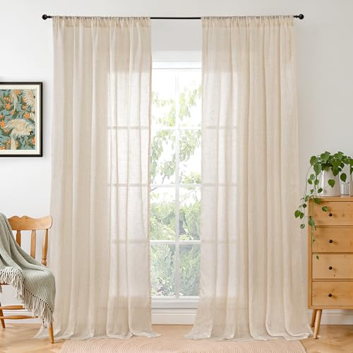 Image of BGment Tan Linen Curtains 84 Inch Length 2 Panels Burlap Semi Sheer Drapes | Light Filtering Natural Window Treatments with Rod Pocket for Farmhouse Bedroom Living Room Decor, 52 X 84 Inch