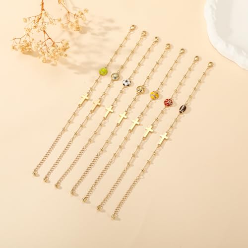 Image of Softball /Volleyball /Soccer /Basketball Football Bracelet for Girls Women, 14K Gold Plated Cross Link Chain Sport Accessories Christian Jewelry Gifts for Teens Team Coach Players