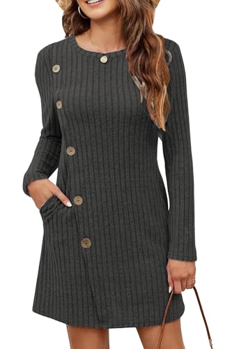 Koerye Herbstkleid Damen Herbst Leichte Langarm Kleid Elegant Rundhals Gestrickt Kleider mit Taschen und Knöpfen Winterkleid Grau,M