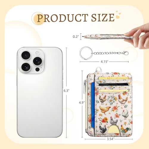 Image of Kelvoris Chicken Rooster Credit Card Holder Small Wallet Women, Flowers Slim RFID Blocking Wallet Woman Keychain with Zipper Coin Pocket, Front Pocket Thin Travel Card Case with ID Window Ladies Gifts