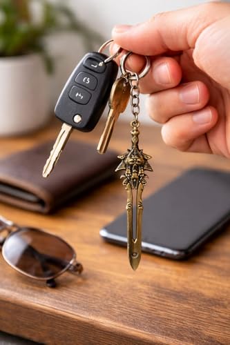 Image of BLUE WARRIOR God of war keychain (knif)- Fantasy Winged Dagger Keychain - Antique Gold Mini Sword Key Ring with Red Handle - Metal Collectible Key Holder for Men, Women, Gamers & Gift Giving