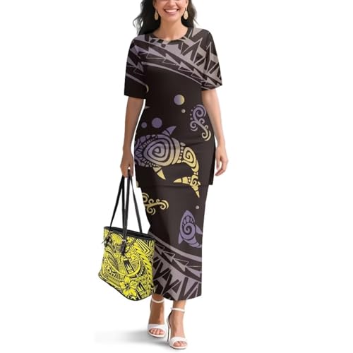 Image of Puletasi Samoan Traditional 2 Piece Outfits for Women Short Sleeve Crop Top and Maxi Skirt Sets Puletasi Dress