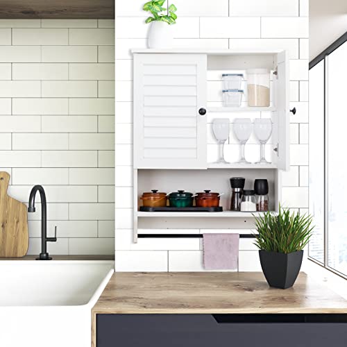 Alimorden Wood Wall Storage Cabinet With Double Shutter Doors, White Bathroom Medicine Cabinet With Towel Bar, White #TOP6
