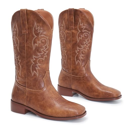 Image of Cowgirl Boots Square Toe Cowboy Boots For Women Ladies Mid Calf Low Heel Flat