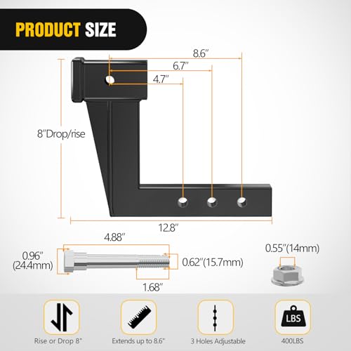 Image of Nilight Trailer Hitch Extension Riser for 2 Inch Receiver with 8 Inch Rise or Drop with Bolt Nut Clip 10,000 lbs Capacity Adjustable Extend 4.7 inch 6.7 inch 8.6 inch Length Black Coated for Class I-VI Receivers