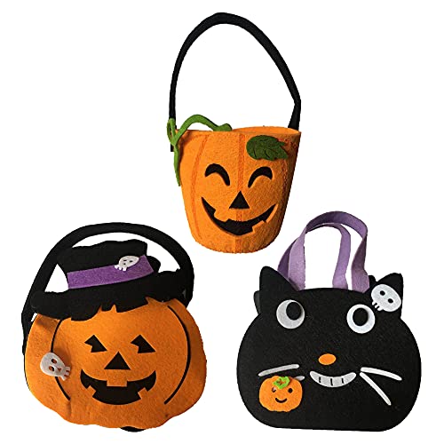 LIONVISON Halloween Candy Bags,3Pcs Halloween Candy Bucket Trick or Treat Bags,Non-Woven Buckets with Handle Smile Pumpkin Black Cat Goodie Bags,Halloween Decorations for Kids Halloween Party Favors