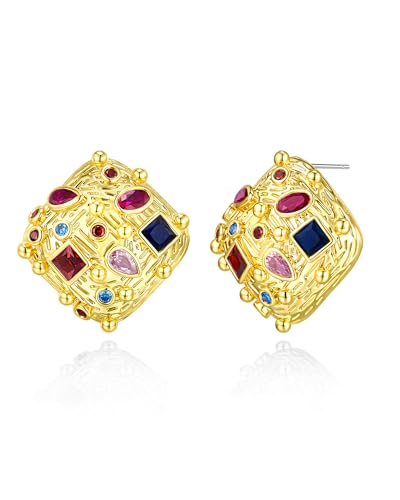 18K Gold Plated Chunky Geometric Square Rhombus Sparkly Rhinestone Multi Color Statement Stud Earrings with CZ Gemstone for Women by SNGIA, Colorful Handmade Texture Formal Trendy Jewelry Gifts, Geometric Shell Beachy Vacation Fashion Hanging Earrings Accessories, Vintage Retro Thick Bohemian Nickle Free Circular Sun Dangle Earrings.