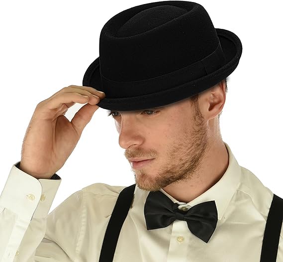 Klassischer Fedora-Hut aus der 1920er-Jahre, reine Wolle, Roll-Brim Pork-Pie, für Herren und Damen, knautschbarer Kurzbrirn-Kirchenhut, Bootsmütze, Schwarz-Tyle 2,...