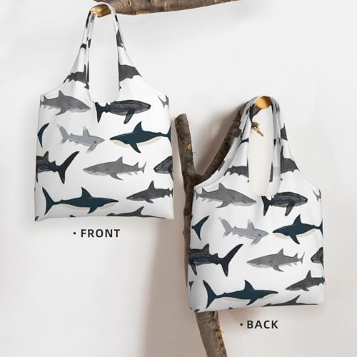 Sharks Nautical Print Aesthetic Canvas Tote Bag - Reusable Shoulder Tote Bag For Women Lady Casual Vacation, Shopping, Work, Gym3