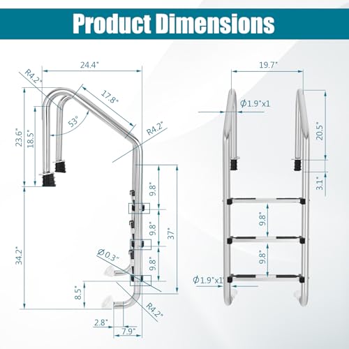 Toolsempire Swimming Pool Ladder, 3-Step Stainless Steel In-Ground Pool Ladder with Non-Slip Steps & Handrails, Heavy Duty Entry and Exit System for Inground Indoor & Outdoor Pools