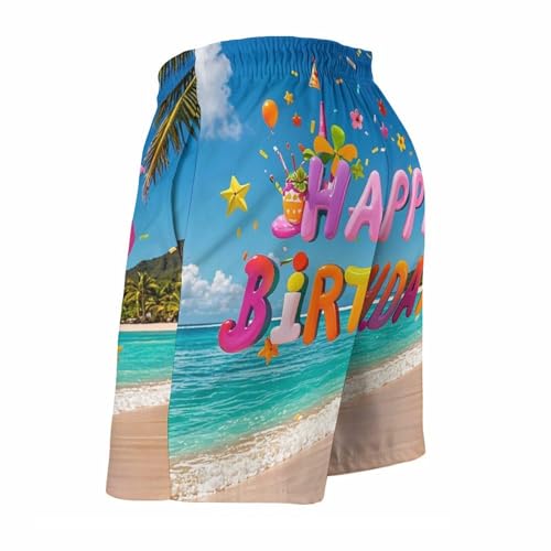 Mens Swim Trunks with Mesh Lining Happy Birthday on The Beach Beach Shorts Quick Dry Drawstring Board Shorts with Pocket XL4