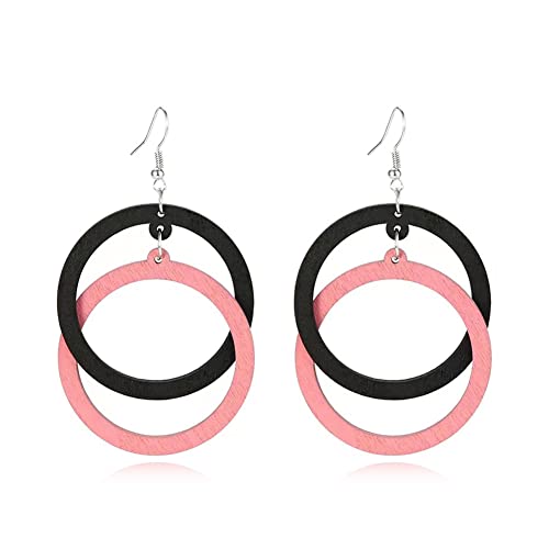 Bohemian Unique Handmade Wooden Hoop Splicing Earrings Retro Statement Colorful Contrast Wood Geometric Lightweight Dangle Drop Earrings for Women (Black Pink Hollow)