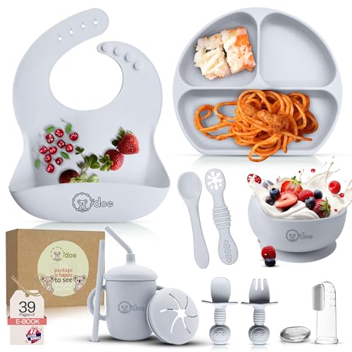 Image of O'doe 11-Piece BPA-Free Silicone Baby Feeding Set | Thick & Soft Suction Plates, Baby Bowls, Wooden Fork & Spoon, and More | Make Mealtime Fun and Easy for Your Little One (Grey, V1)
