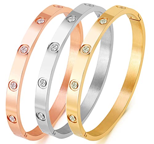 A D. Allen & Danmi. Ad Jewelry 18 K Gold Plated Love Bangle Bracelet Stone Stainless Steel Bangle For Love (3 Sets(Rose Gold,Gold,Silvery)) #TOP28