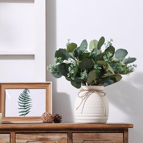 Artificial Eucalyptus in Vase, Fake plants for home decor, Ceramic White Vase with Greenery, Faux Decorative Plants, 20pcs Indoor Fake Eucalyptus Stems for Centerpiece Farmhouse Mantle Decor - Image 3