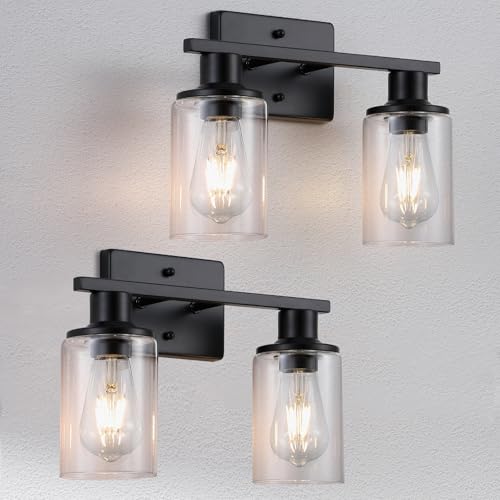 Image of 2 Pack Matte Black Bathroom Light Fixtures Over Mirror,2-Light Bathroom Vanity Light with Clear Glass Shade,Modern Farmhouse Wall Sconces Lighting for Mirror Kitchen Living Room Cabinet