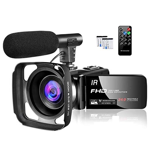 Video Camera 1080P Camcorder Full HD 30FPS 24MP Vlogging Camera for YouTube IR Night Vision 16X Digital Zoom Time Lapse Webcam YouTube Camera with Microphone Remote Control Lens Hood and 2 Batteries