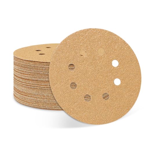 SUPBICCO 50 PCS 40 Grit 5 Inch 8 Hole Sanding Discs Hook and Loop Gold Sandpaper Pads for Random Orbital Sander