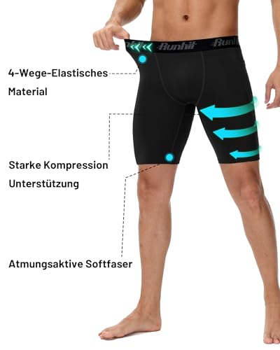 Runhit 1/2 Pack Herren Kompressionsshorts - Base Layer Schnelltrocknende Laufshorts Fußball Unterziehhose Atmungsaktive Radlerhose Kompressionshose Kurz mit Handytasche Schwarz*2 M
