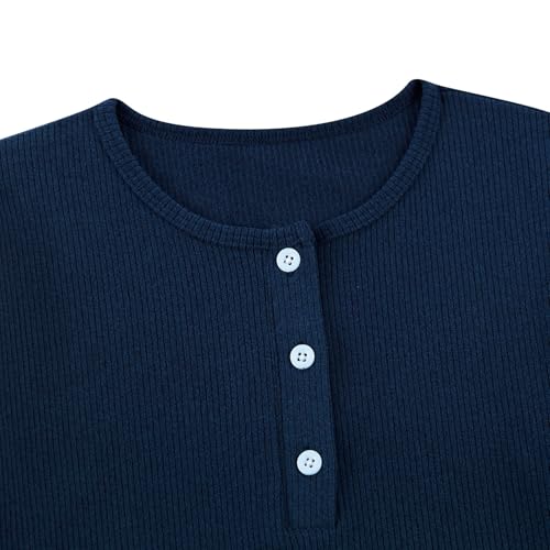 Girls Long Sleeve Shirts Henley Lettuce Trim Ribbed Knit Slim Base Tops Pullover 6-12 Years2