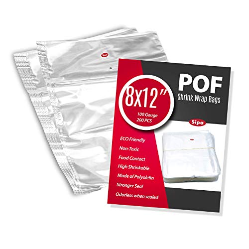 Image of SIPA 8x12 inch 200PCS 100 Gauge POF NON-VENTING HOLE Shrink Wrap Bags Odorless perfect for wrapping stationery, photo frames, soap supplies, bath bombs, oil bottles,homemade DIY craft for sale.