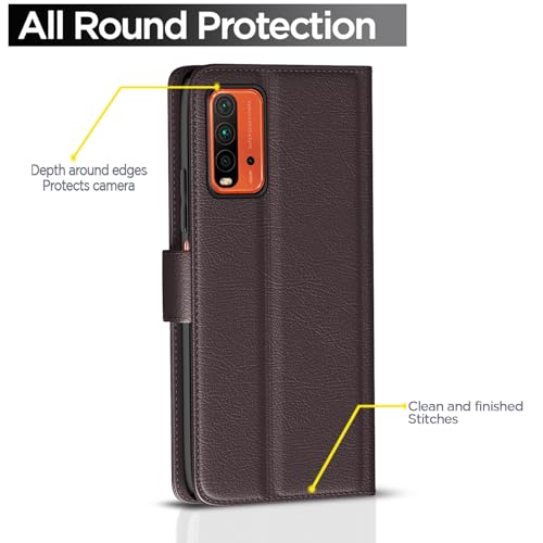 Image of Pikkme Mi Redmi 9 Power Flip Case Leather Finish | Inside TPU with Card Pockets | Wallet Stand and Shock Proof | Magnetic Closing | Complete Protection Flip Cover for Mi Redmi 9 Power (Coffee)