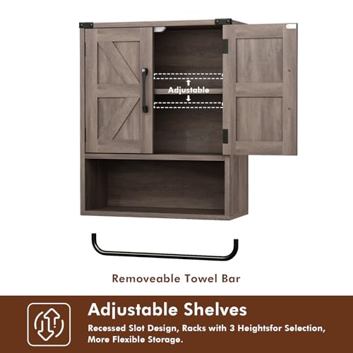 RUSTOWN Farmhouse Wall Storage Cabinet with Two Barn Door, Rustic Mounted Medicine Cabinet with Adjustable Shelf and Towel Bar, 3-Tier Wood Cabinet for Kitchen, Bathroom, Living Room (Washed Oak) - Thumbnail 7