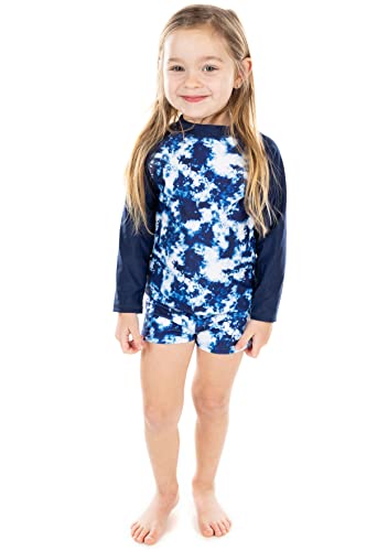 Image of Funky Junque Swimsuit for Girls UPF 50+, 3 Piece Long Sleeve Rash Shirt, Bathing Suit, Bucket Hat, Sizes 5-6 Years, Tie Dye Navy