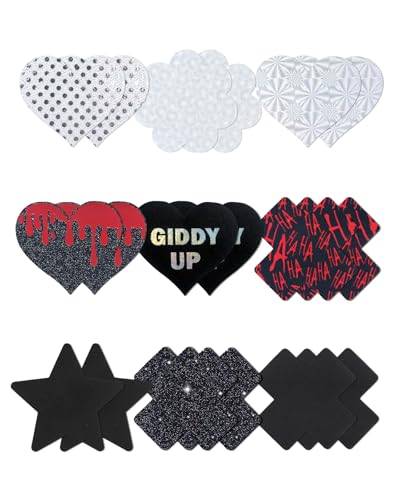 CICKEE Rave Pasties 9 Pairs Sexy Lingerie Sheer Clothing Accessories for Women Sequin Heart Pasties Black Star Pasty Breast Stickers with Fun Words- Black-Red-Silver