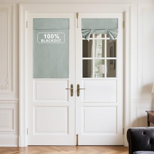 NICETOWN 100% Linen Blackout French Door Curtains, Privacy Door Window Curtains, 26 X 40 Inch Long Room Darkening Blinds, Thermal Insulated Tie Up Sha