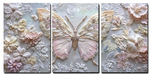 Tableaux sur toile papillon rose 55x80cm de 3 pièces décoration murale moderne cadre en bois