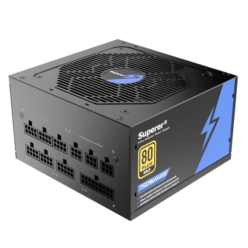 Superer 750W Power Supply, PC PSU Computer Gaming Low Noise Black ATX for NVIDIA RTX 20 30 40 Series AMD GPU, (CE Safety Certified), 80 Plus Gold, Full Modular, Silent FDB Fan