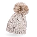 Neverless® gefütterte Damen Strickmütze mit Fell-Bommel und Fleece Futter, Winter-Mütze, Bommelmütze Hellbeige Unisize