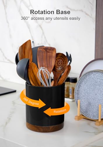 Image of Nucookery 360Rotating Utensil Holder, 7.2 inch Large Utensil Crock, White Ceramic Cooking Utensil Organizer,Farmhouse Kitchen Decor Christmas Thanksgiving Gift (Black)
