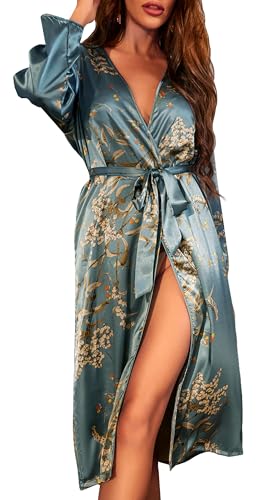 FEOYA Damen Satin Bademantel Morgenmantel Lang Seide Kleid V Ausschnitt Lange Robe Hausmantel Nachtwäsche für Spa Haus und Hotel Grün S