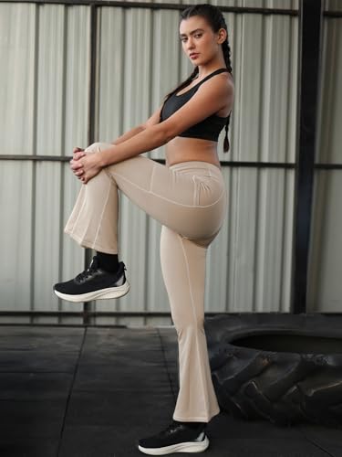 Image of CHKOKKO Gym Pants for Women Workout High Waist Flared Yoga Pants for Woman with Side Pocket Quick Dry Body Fit Stretchable Sports Leggings Trousers Activewear Lower