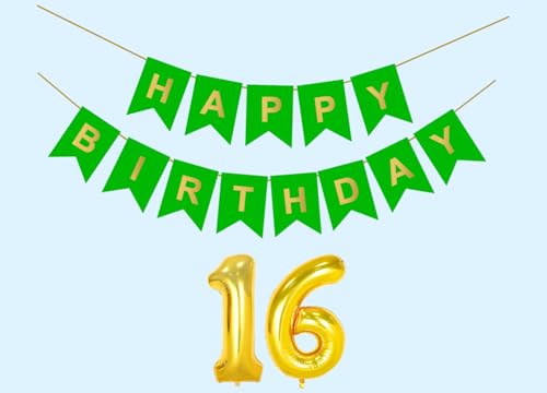 Image of 16th Happy Birthday Decoration Kit Green for 16 year Old Boys Girls Teenage with Number Sixteen Party Decorations Decor Celebration Items Item Set Combo Reusable Paper Banner
