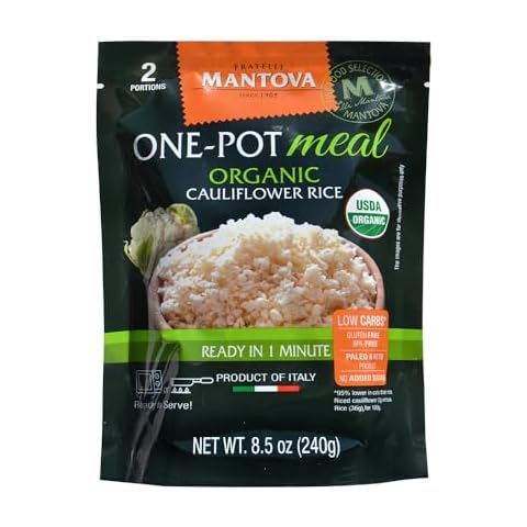Mantova Organic Cauliflower Rice, 8.5 oz. , Product of Italy, One-Pot Meal, Ready-in-Minutes Cauliflower Rice, All-Natural, Healthy Rice Alternative, Ideal for Soups, Stews, Side Dishes, Salads, Rice Bowls, Breakfast Bowls and More, Gluten-Free, Low-Calorie, Low-Carb, Nutrient-Rich, High-Fiber, Vegan, Paleo, No Artificial Coloring, Flavoring or Preservatives Cover