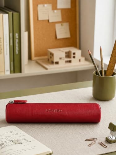 Image of Calfnero Genuine Leather Pen-Case for Men & Women | Premium Leather Pencil-Pouch with Zipper (Red) | Cylindrical Pen-Holder Organizer for Pen, Pencils & Stationery | Unisex Pen-Sleeve