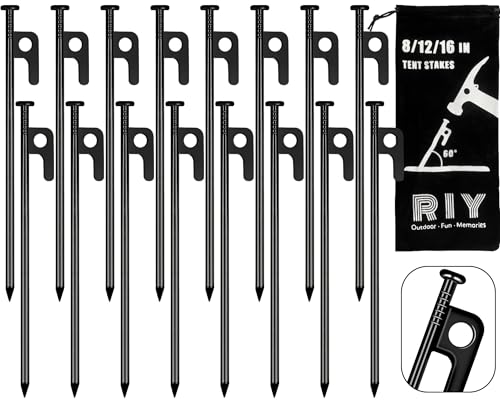 RIY Tent Stakes Heavy Duty 8 inch Metal Tent Pegs for Camping Steel Tent Stakes Inflexible and Unbreakable-16 PCS