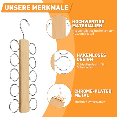 LMSAWK Schalhalter Aufhänger krawattenhalter Schalbügel Holz Krawattenbügel Gürtelhalter mit 10 Löchern, krawattenhalter für kleiderschrank, Krawatten, Gürtel, Schals, Accessoires (Braun, 2)