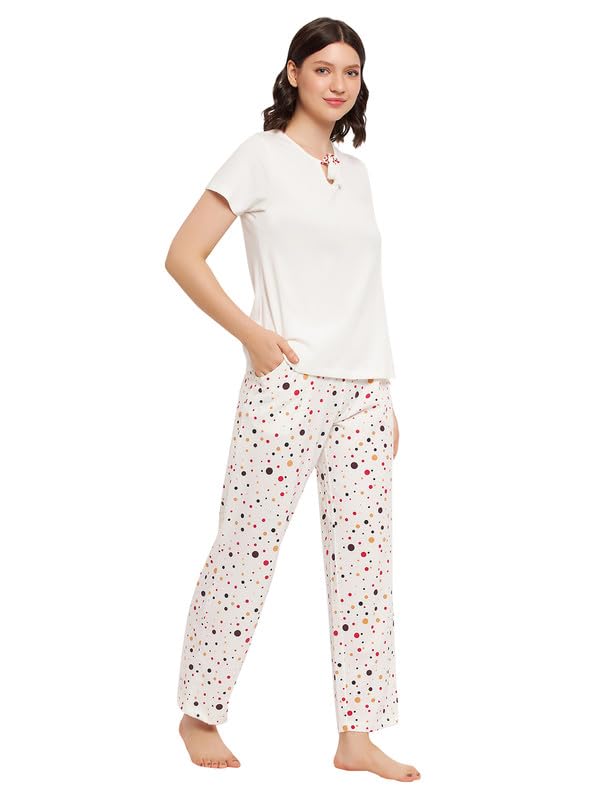 Image of Clovia Women's Cotton Printed Top & Pyjama Set - White