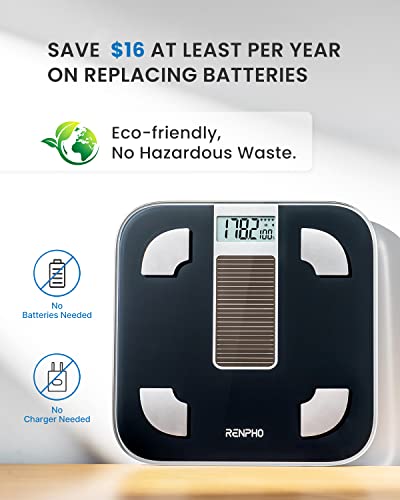 Renpho Scale For Body Weight, Battery-Free Solar Power Digital Bathroom Smart Scale Bluetooth Body Fat Scale, Body Composition Monitor With App 400Lbs - Elis Solar #TOP2