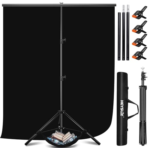 Heysliy Fondo de Lienzo Fotográfico Negro con Soporte, 2 X 2 M / 1,5 X 2 M, Kit de Fondo de Estudio Fotográfico para Fotografía de Productos, Retratos, Tomas en Línea, Youtube/Streaming