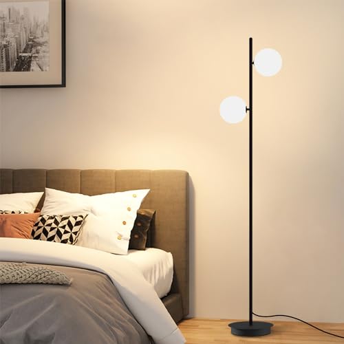 Image of Black Floor Lamp 2-Light Modern White Frosted Glass Freestanding Lamp Mid Century Globe Floor Lamps for Vintage Standing Pole Lamp for Bedroom Living Room Hotel