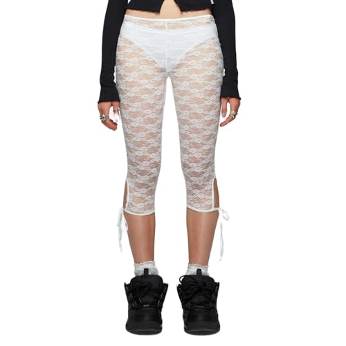 Image of Women Sheer Floral Lace Leggings Capris Y2K See Through Knee Length Tights Thigh High Stockings